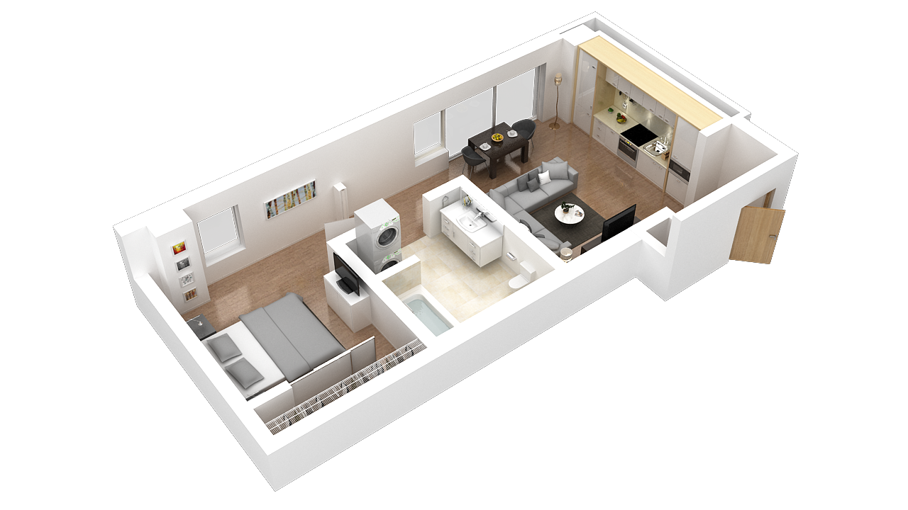 Floor plan for 1 bed, 1 bath, 727 sqft
